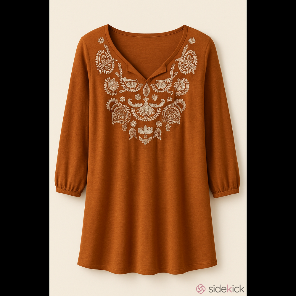 J. Jill Rust Embroidered V-Neck Long Sleeve Bohemian Tunic